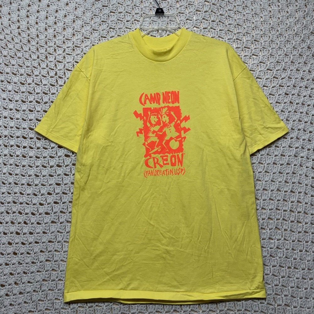 Vtg 90s Hanes Beefy-T Shirt Mens L Yellow Camp Neon Panlreatin Single Stitch